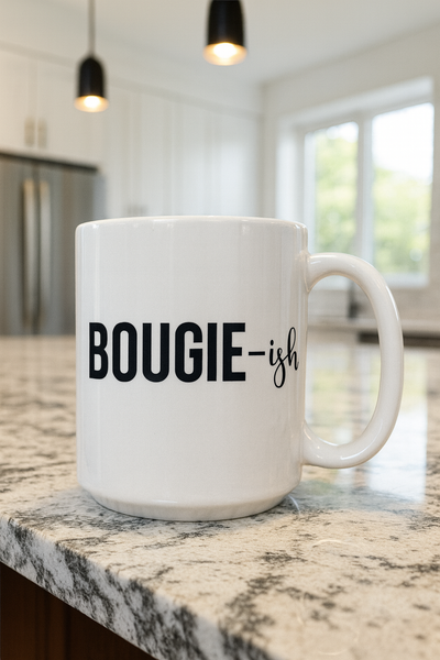 White mug with 'BOUGIE-ish' text on a kitchen counter
