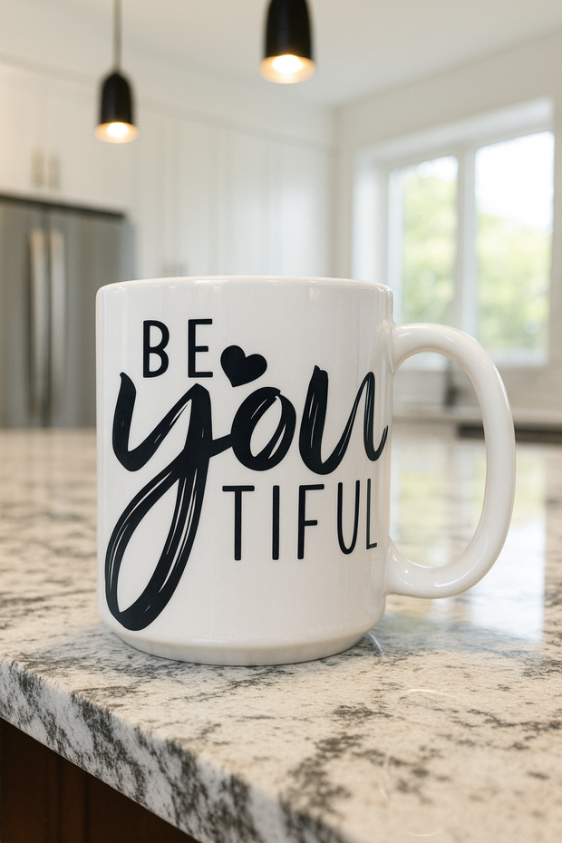 White mug with 'Be you Tiful' text on a kitchen counter