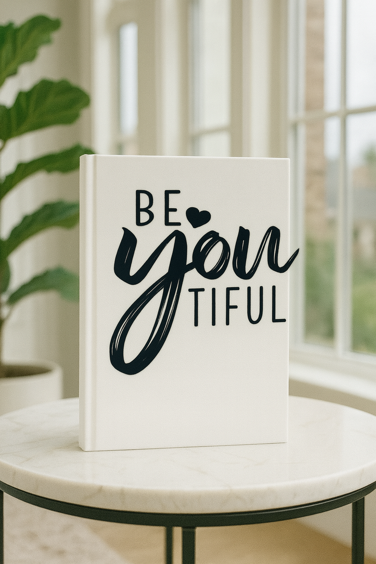 Book with 'BE YOU TIFUL' text on a marble table with a plant in the background