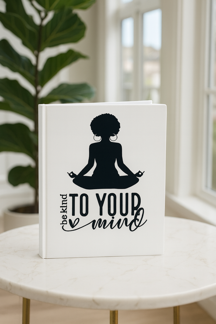 Book with a silhouette of a person meditating and text 'Be kind to your mind' on a white background.