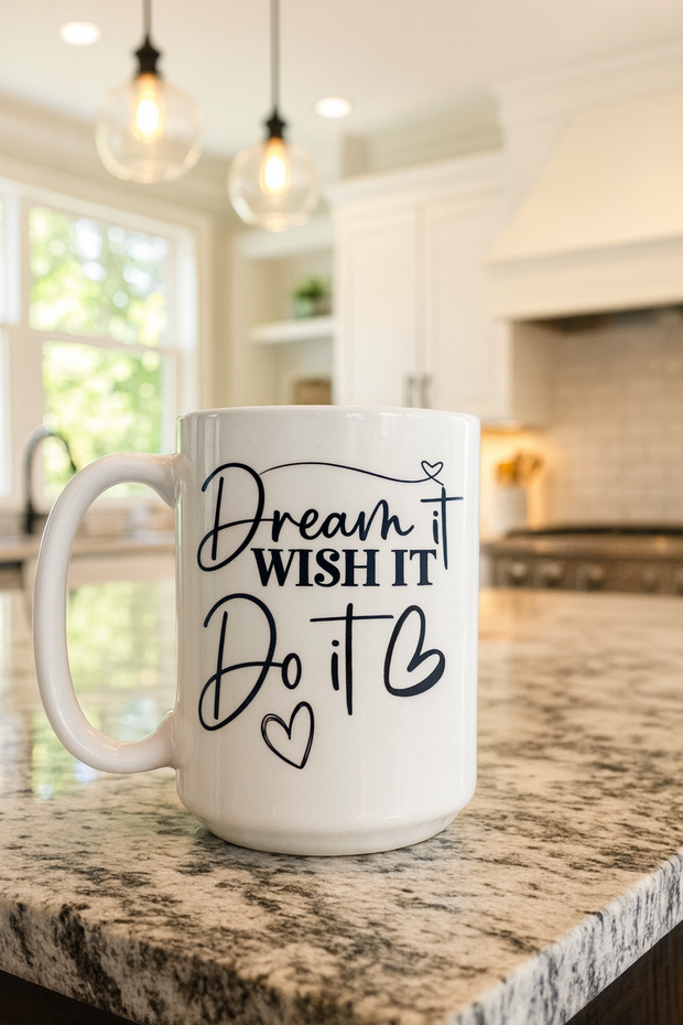 White mug with motivational quote on a kitchen counter