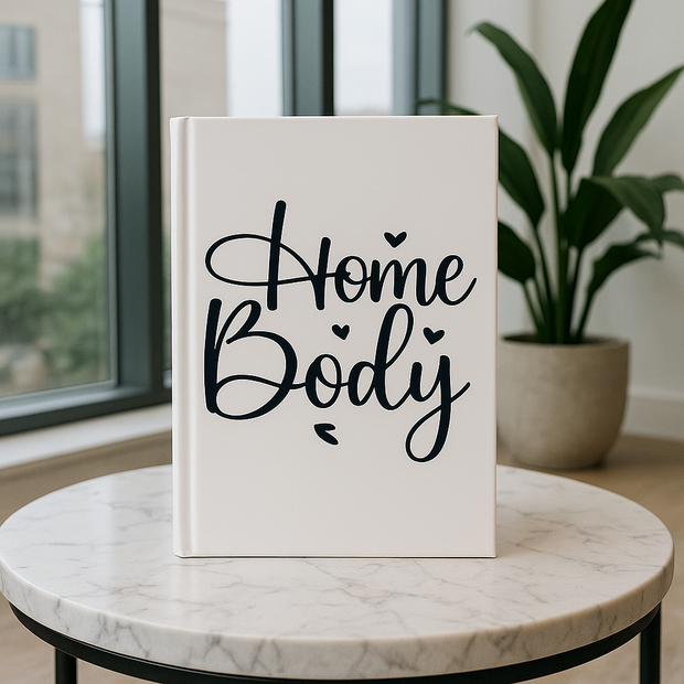 White book titled 'Home Body' on a marble table with a plant in the background