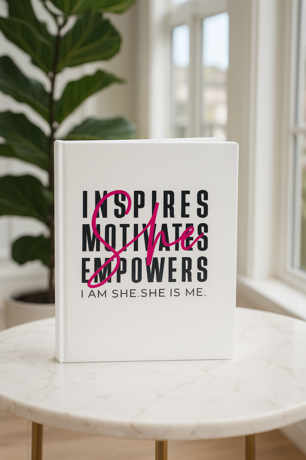 Book titled 'I Inspires Motivates Empowers I AM SHE SHE IS ME' on a marble surface with a plant in the background