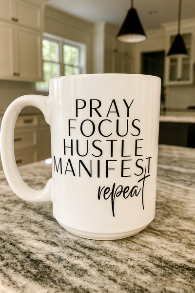 White mug with motivational text on a kitchen counter