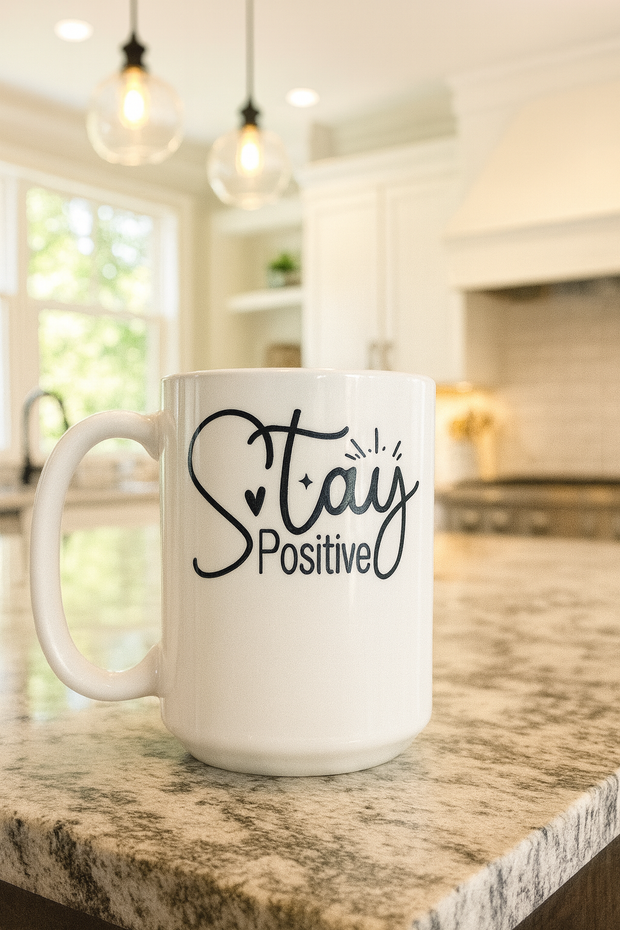 White mug with 'Stay Positive' text on a kitchen counter