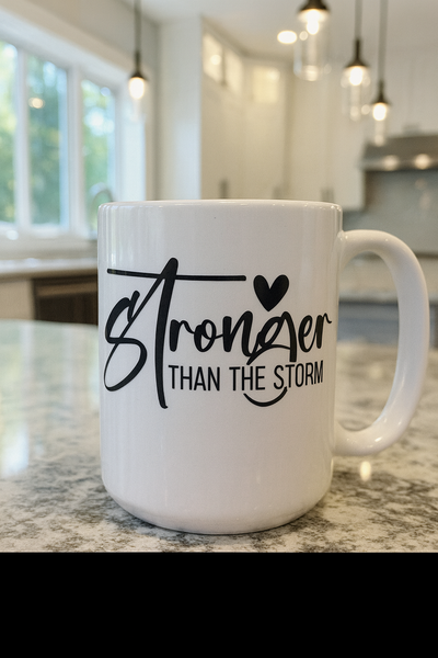 White mug with 'Stronger Than The Storm' text on a kitchen counter